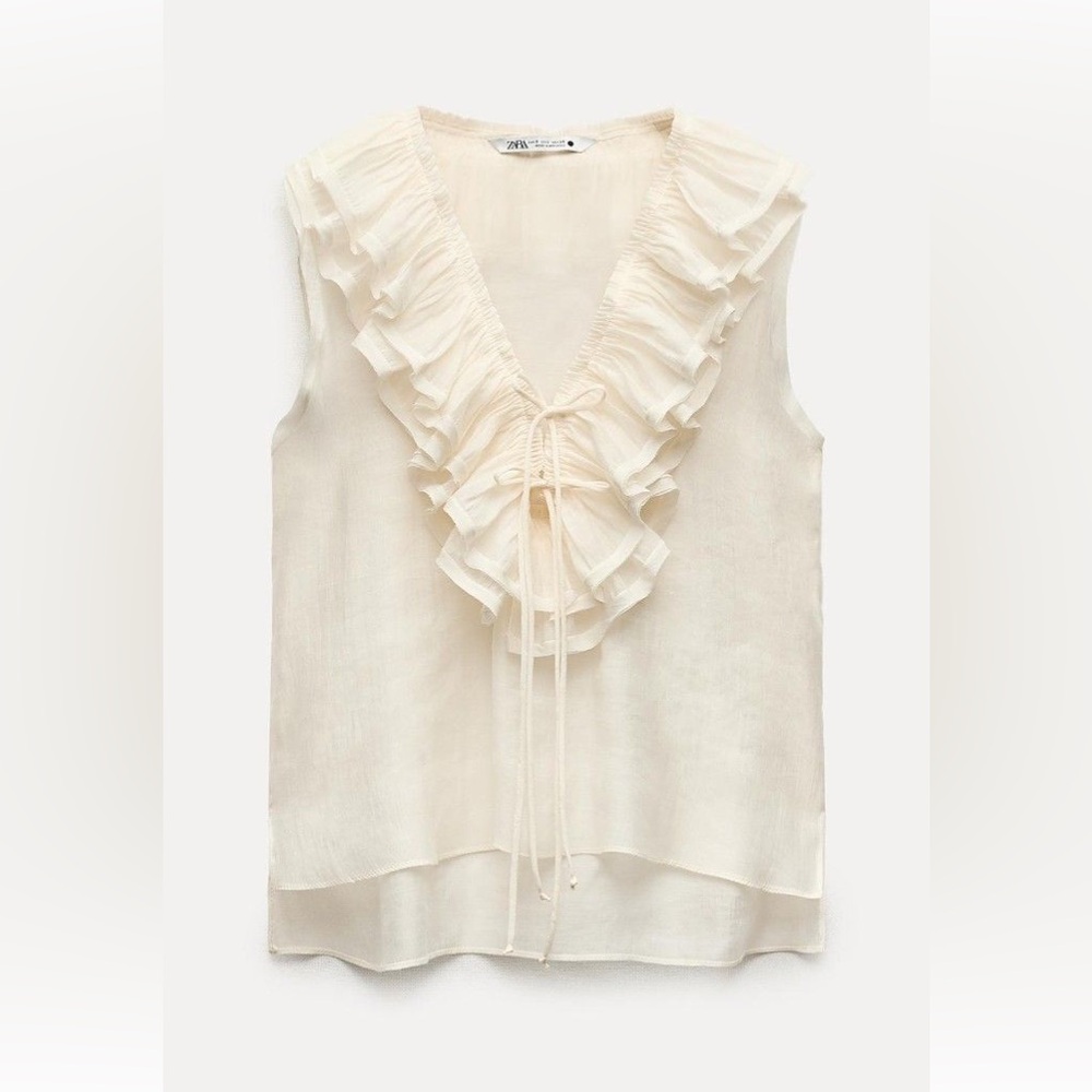 ZARA RUFFLE V NECK SLEEVELESS BLOUSE TOP RESORT WEAR Ecru S